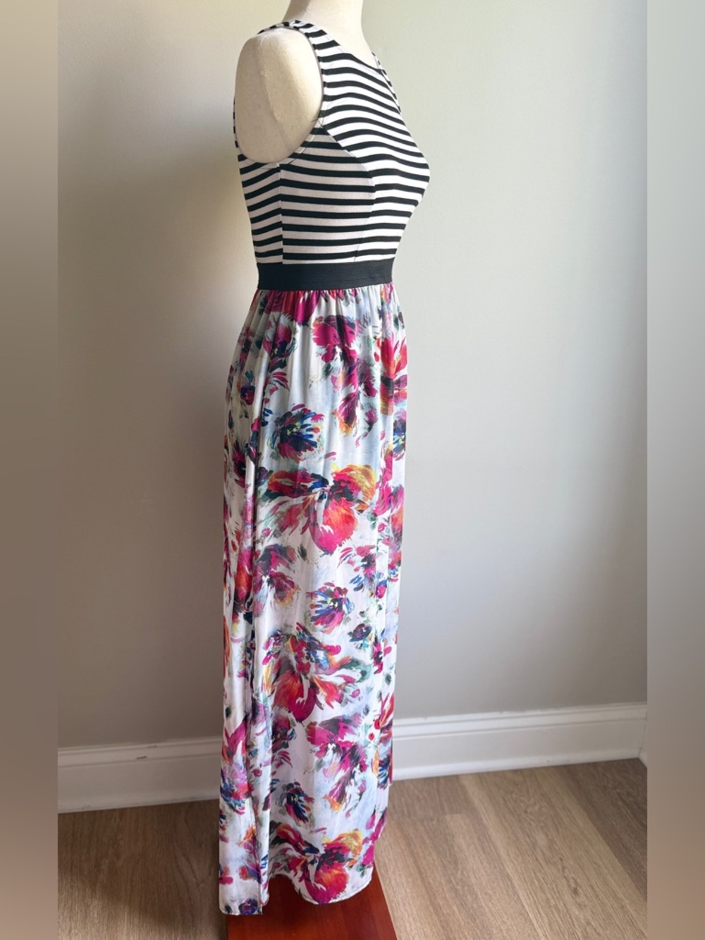 Xhilaration Black & White Striped Top Floral Sleeveless Maxi Dress - Picture 2 of 5